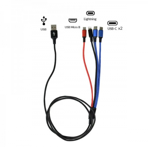 USB Kabel 4v1- 2x USB-C / 1x Micro USB / 1x Lightning 125cm 2,8A
